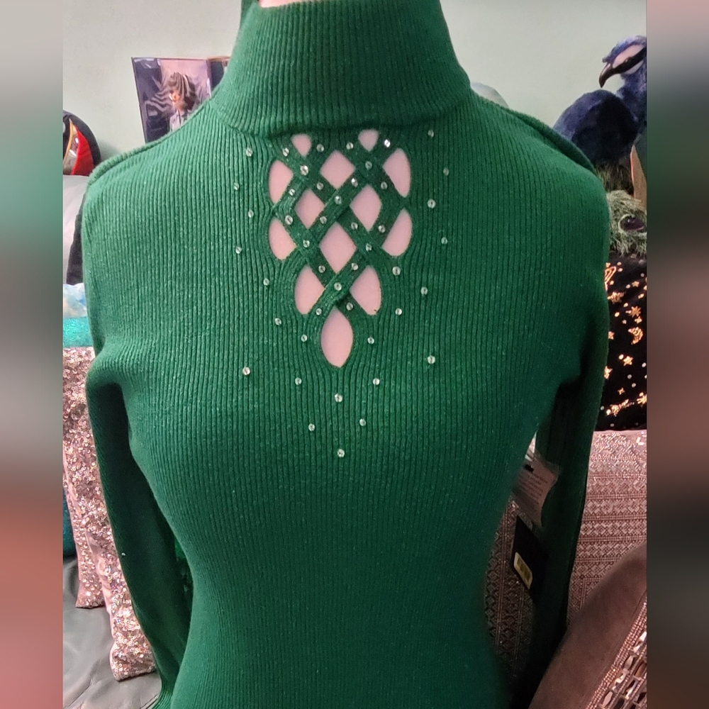 Green metallic lurex silk mock neck rhinestone sweater, By REBA, size L, NWT